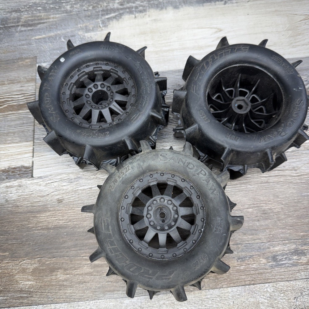 3x Proline Sand Paw #1186 1/10 Monster Truck Tires on 12mm Hex Raid Wheels Used